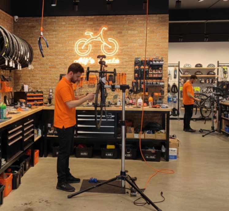 Mechanic servicing a bicycle
